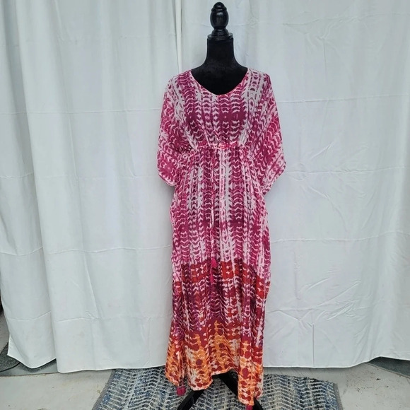 NWT BEACH LUNCH LOUNGE Pink Orange MAXI DRESS Cover up Ruffle Tie Womens sz S - Picture 1 of 13